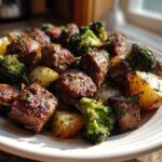 Close-up of a serving of Lemon Herb Sausage Sheet Pan Dinner with roasted potatoes and broccoli florets.