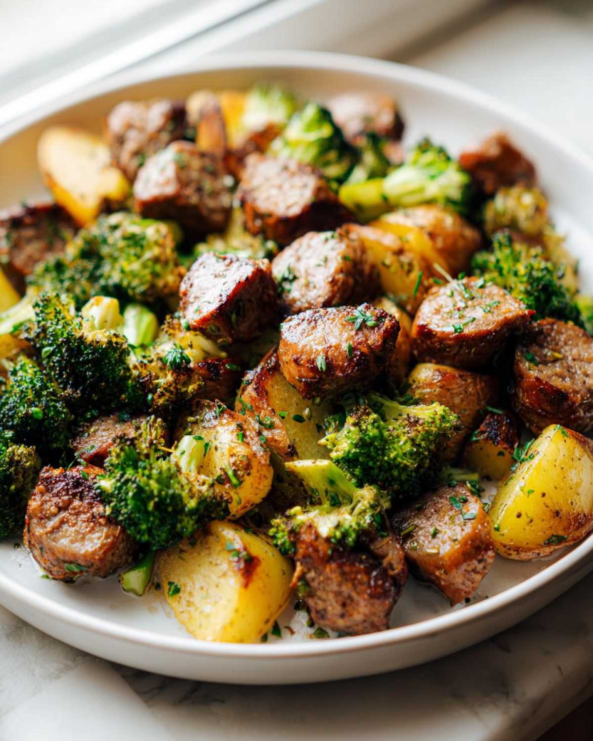 Close-up of a plated Lemon Herb Sausage Sheet Pan Dinner featuring browned sausage pieces, roasted potatoes, and bright green broccoli florets.