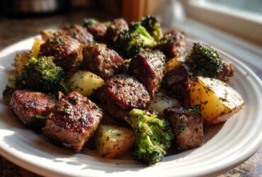 Close-up of a serving of Lemon Herb Sausage Sheet Pan Dinner with roasted potatoes and broccoli florets.