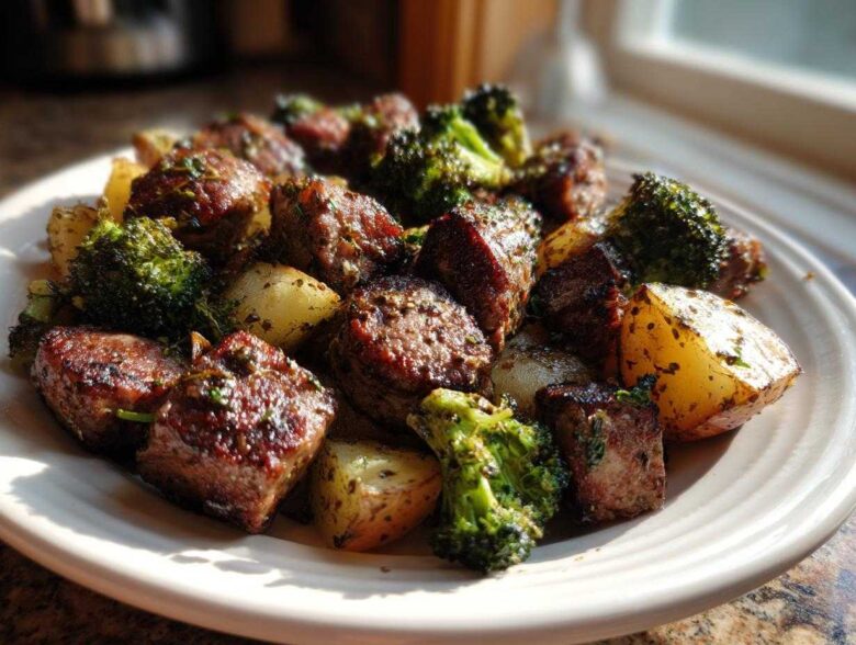 Close-up of a serving of Lemon Herb Sausage Sheet Pan Dinner with roasted potatoes and broccoli florets.