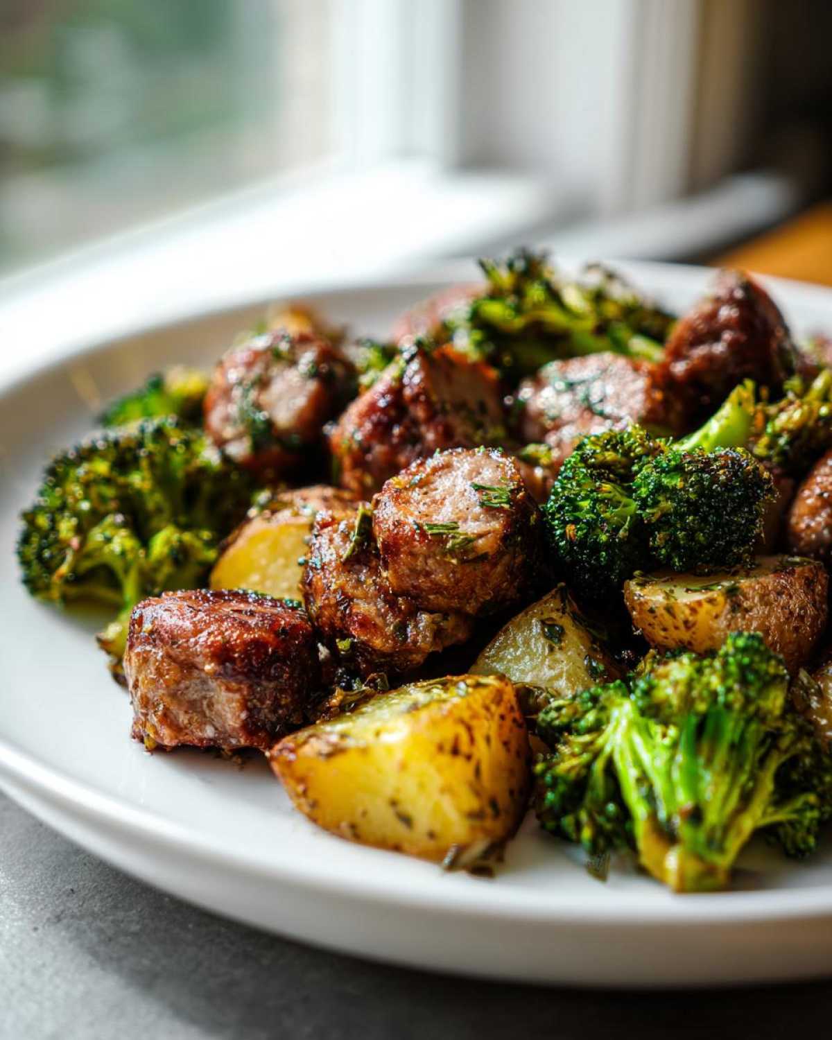 Close-up of a serving of Lemon Herb Sausage Sheet Pan Dinner with roasted potatoes and broccoli florets.