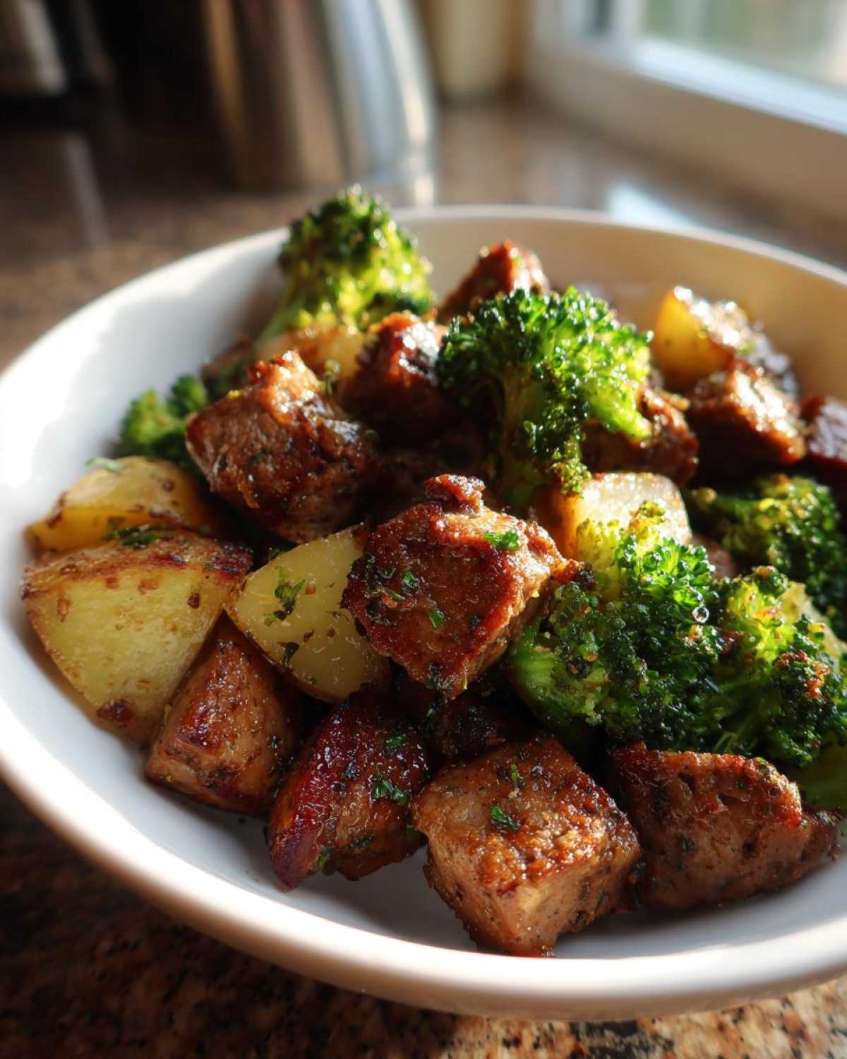 Close-up of a white bowl filled with chunks of browned sausage, roasted potatoes, and bright green broccoli florets from the Lemon Herb Sausage Sheet Pan Dinner.