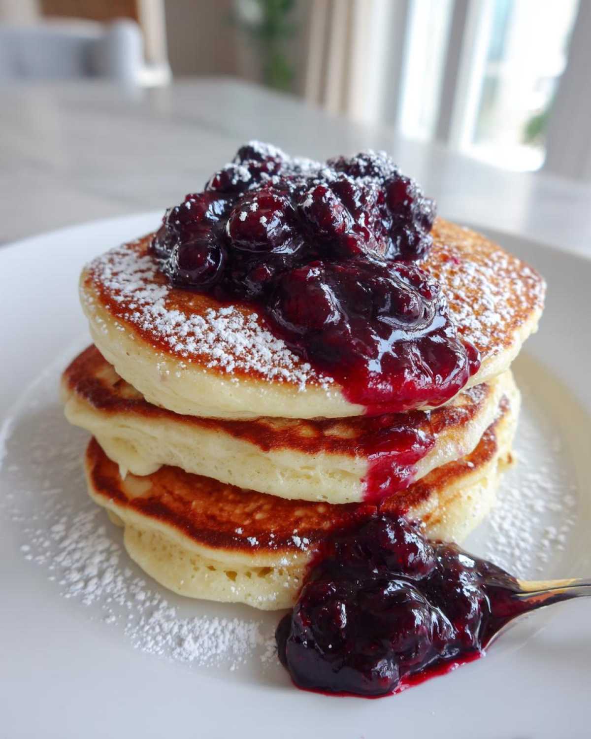 Stack of three fluffy Lemon Ricotta Pancakes topped with dark berry compote and powdered sugar.