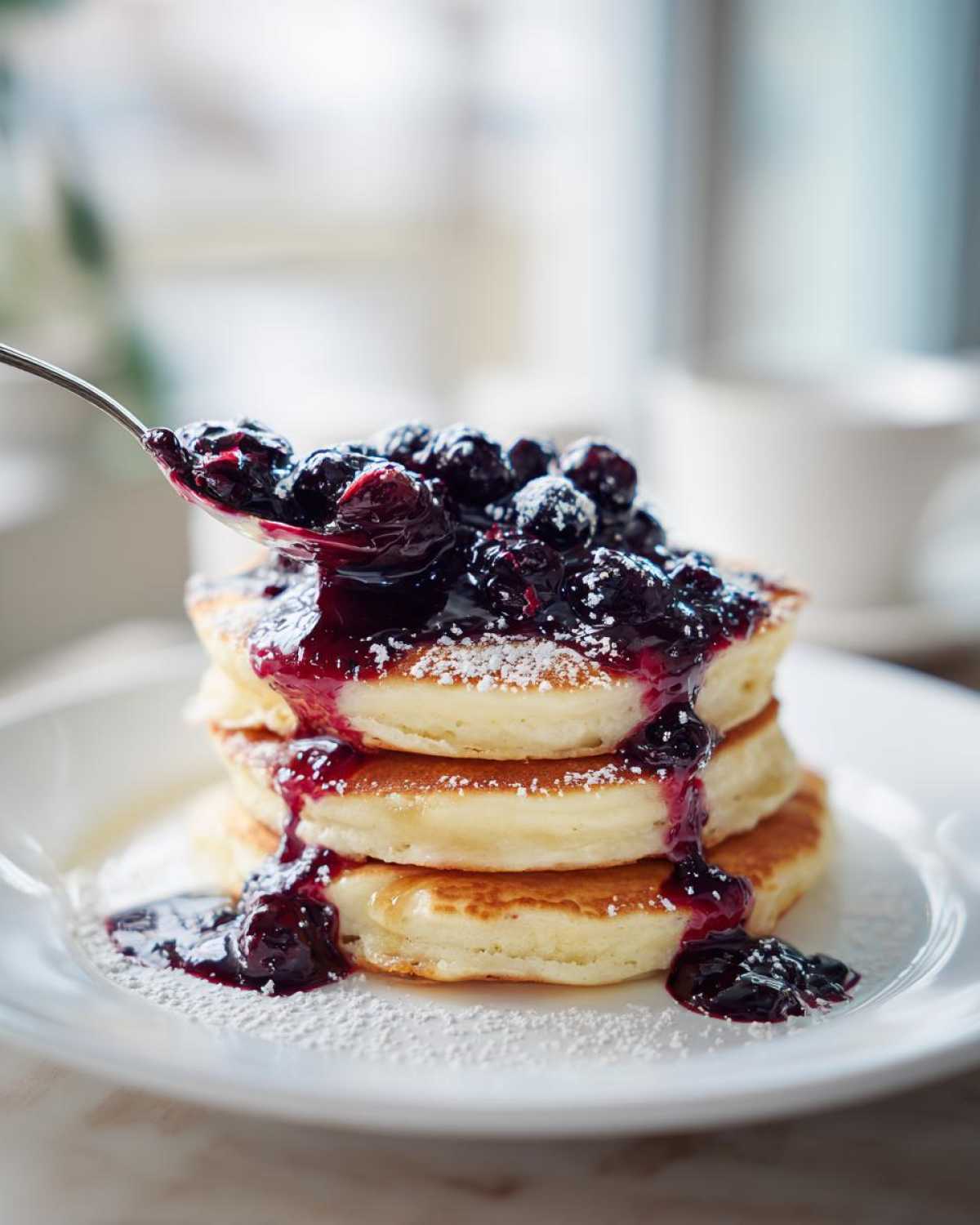 A stack of fluffy Lemon Ricotta Pancakes topped with rich blueberry compote and powdered sugar, with a spoonful being added.