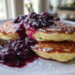 Stack of fluffy Lemon Ricotta Pancakes topped with rich blueberry compote and powdered sugar.