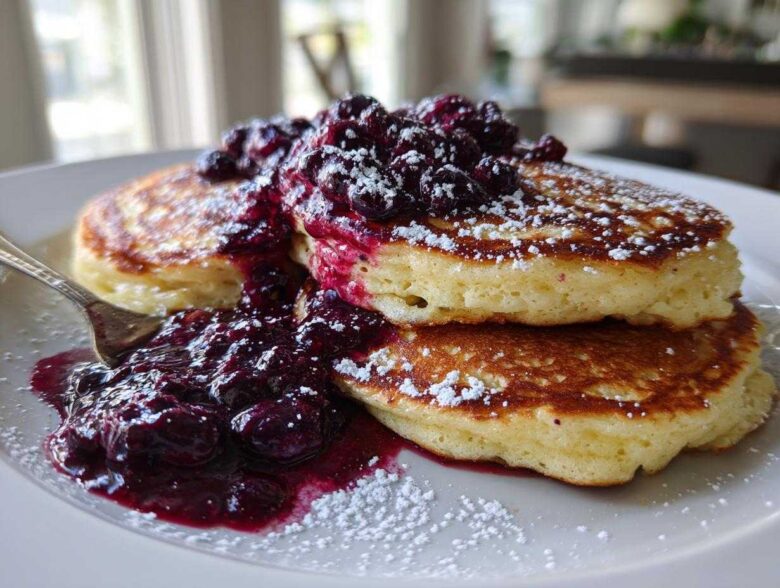 Stack of fluffy Lemon Ricotta Pancakes topped with rich blueberry compote and powdered sugar.