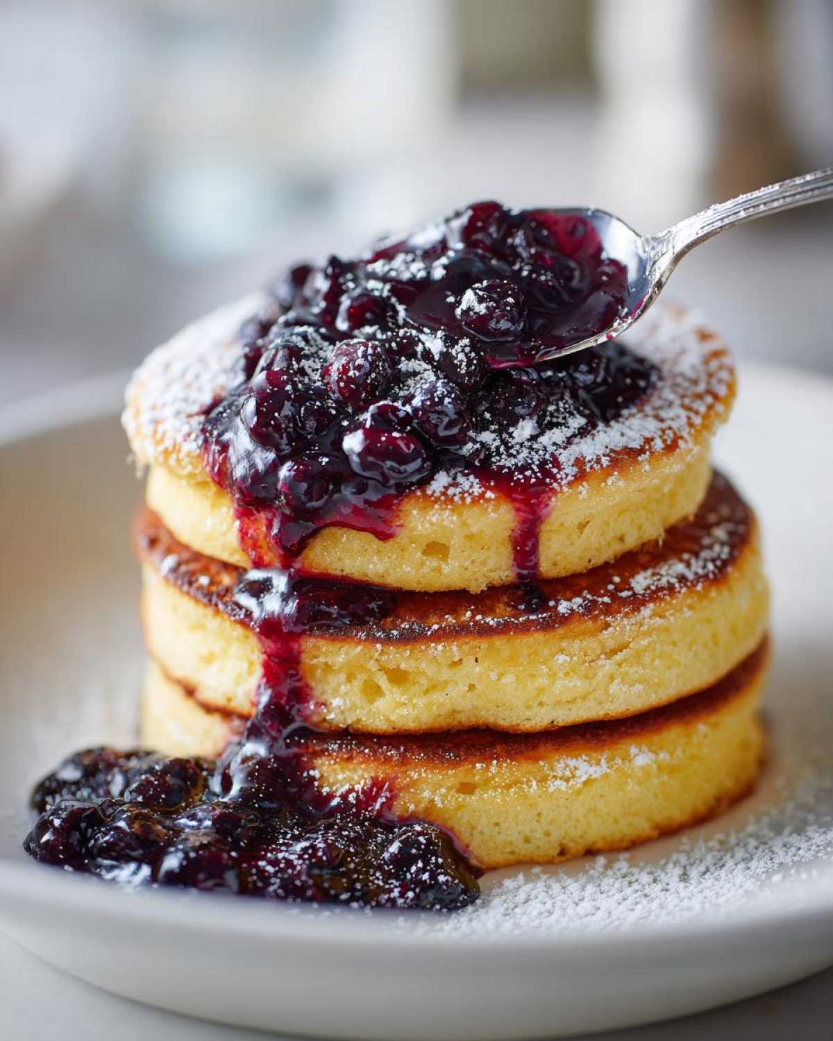 A stack of fluffy Lemon Ricotta Pancakes topped with rich blueberry compote and powdered sugar.