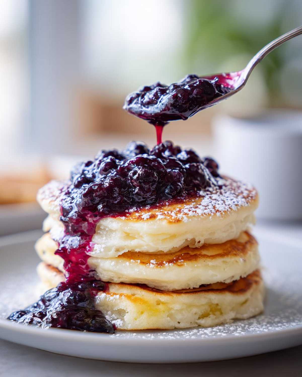 Stack of fluffy Lemon Ricotta Pancakes being topped with rich blueberry compote from a spoon.