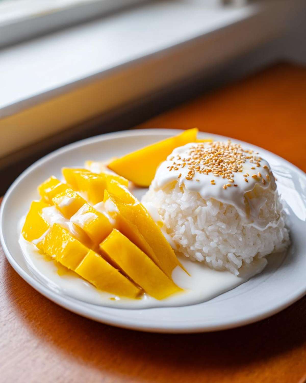 A plate of Mango Sticky Rice with Coconut, featuring sliced ripe mango and a mound of sticky rice topped with coconut cream and toasted sesame seeds.