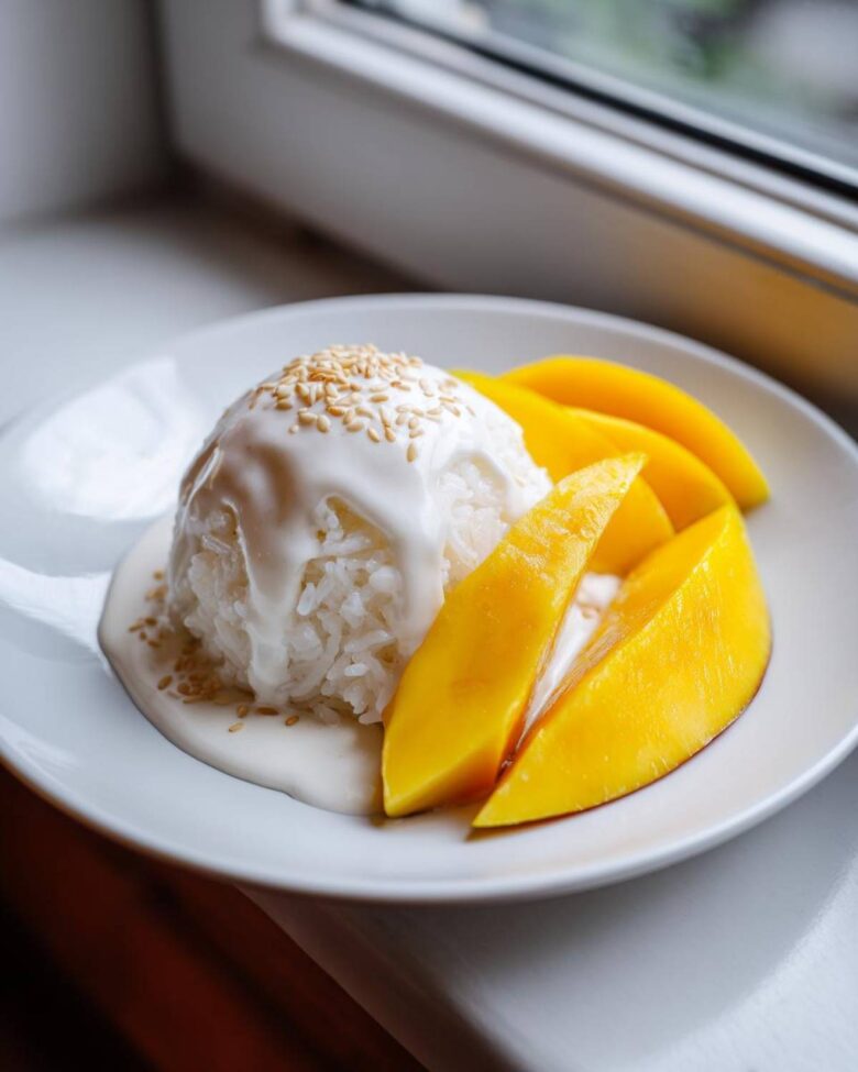 A serving of Mango Sticky Rice with Coconut, featuring sticky rice drizzled with coconut sauce and topped with sesame seeds, next to bright yellow mango slices.