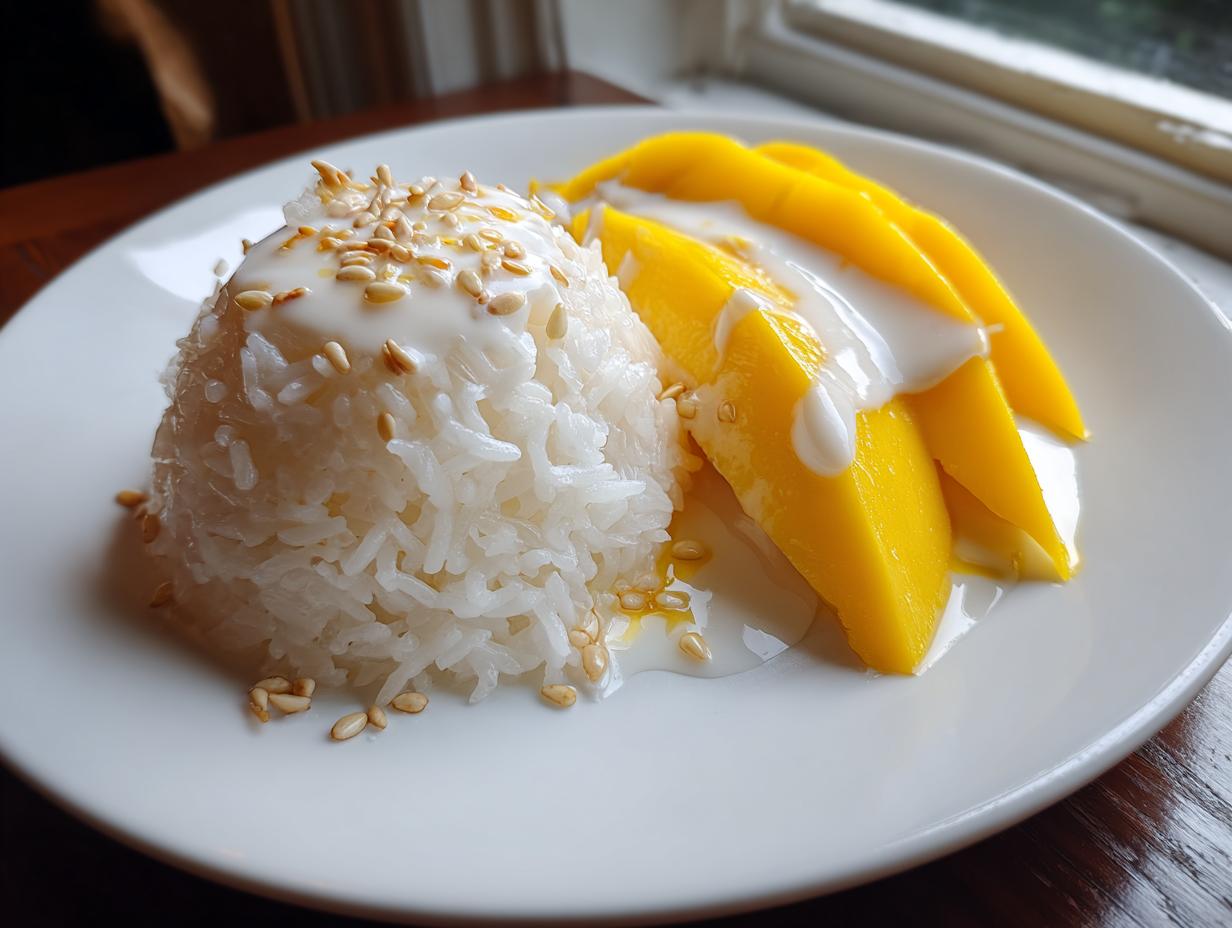 A serving of Mango Sticky Rice with Coconut, featuring a mound of white sticky rice topped with coconut cream and toasted sesame seeds, next to sliced ripe mango.