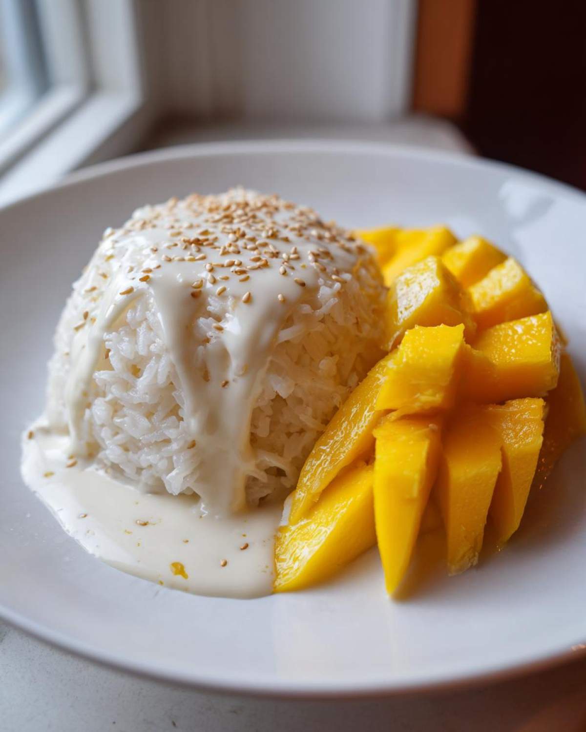A serving of Mango Sticky Rice with Coconut, featuring molded sticky rice topped with coconut cream and sesame seeds, next to sliced fresh mango.