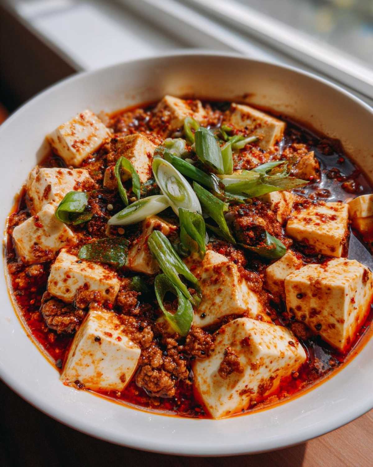 Close-up of vibrant Mapo Tofu with Ground Pork, featuring cubes of tofu in a rich red chili sauce, topped with sliced green onions.