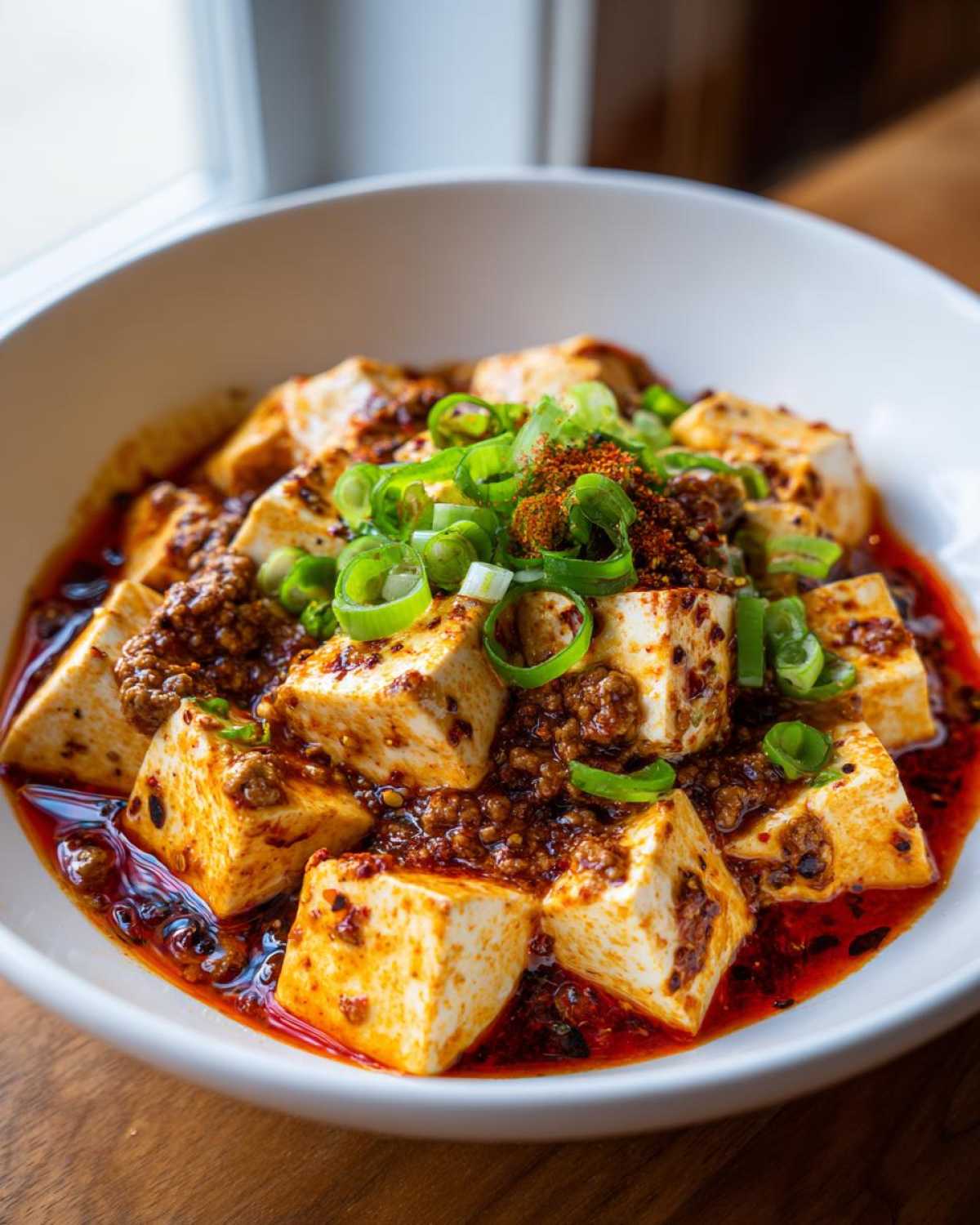 Close-up of vibrant Mapo Tofu with Ground Pork, featuring silken tofu cubes in chili oil sauce, topped with scallions.
