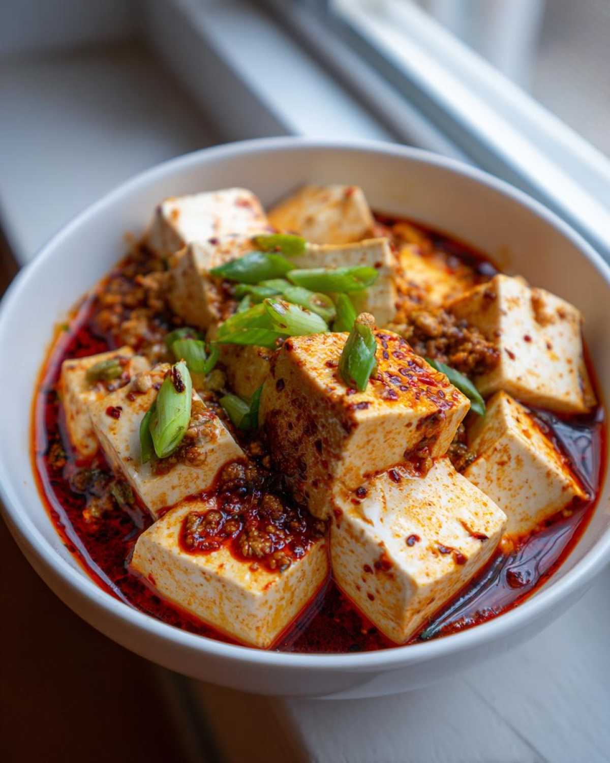 Close-up of vibrant Mapo Tofu with Ground Pork, featuring silken tofu cubes in spicy red chili oil sauce, garnished with green onions.