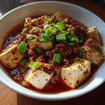 A close-up of vibrant Mapo Tofu with Ground Pork, featuring silken tofu cubes in a rich, red chili sauce, topped with minced pork and green onions.