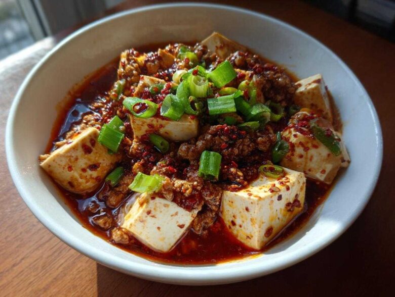 A close-up of vibrant Mapo Tofu with Ground Pork, featuring silken tofu cubes in a rich, red chili sauce, topped with minced pork and green onions.