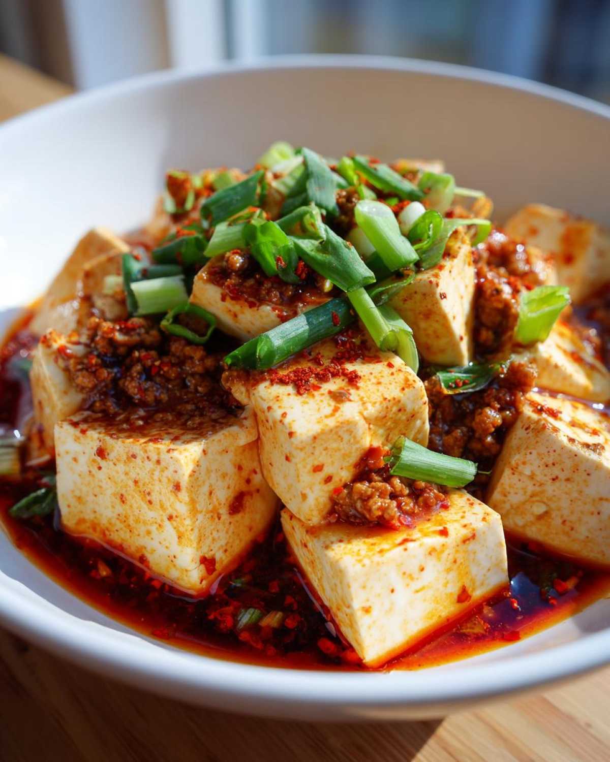 Cubes of soft tofu covered in spicy red sauce and ground pork, garnished with fresh green onions, ready to eat Mapo Tofu with Ground Pork.