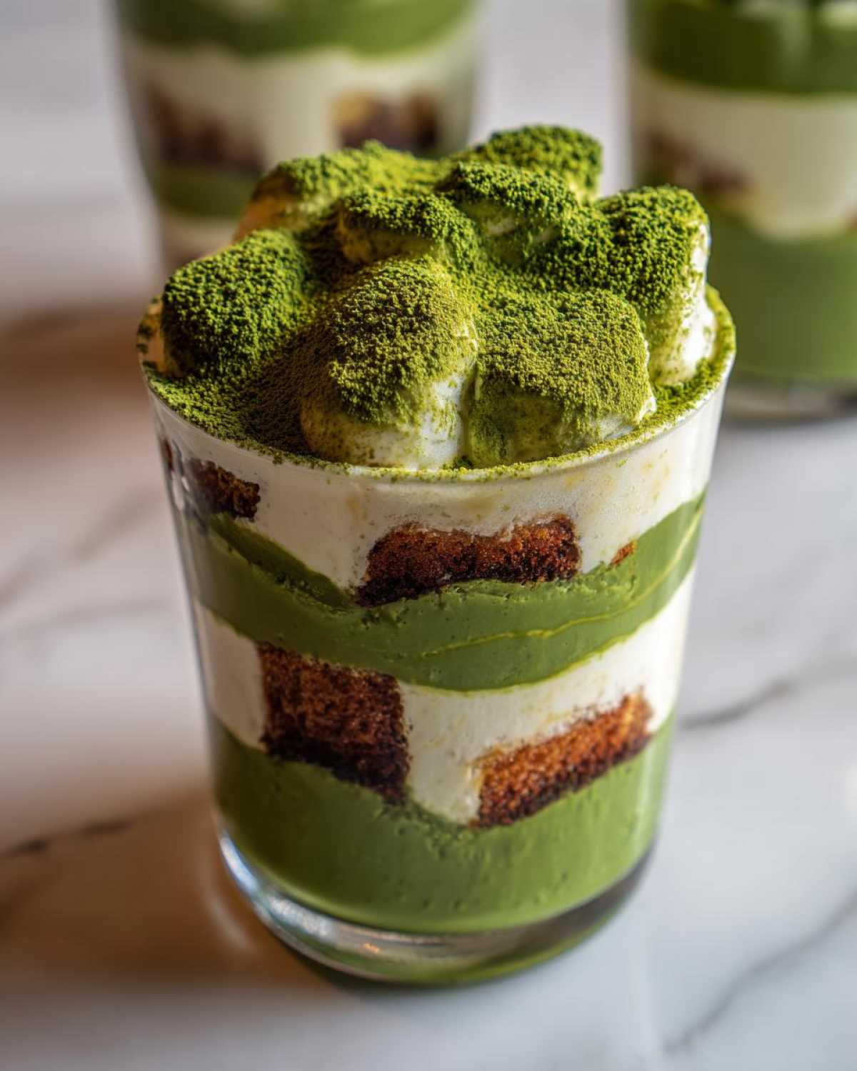 Close-up of a single serving of Matcha Tiramisu Cups layered with cream, ladyfingers, and dusted heavily with matcha powder.