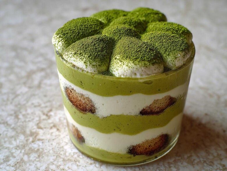 Close-up of a layered Matcha Tiramisu Cups dessert in a glass, dusted heavily with green matcha powder.