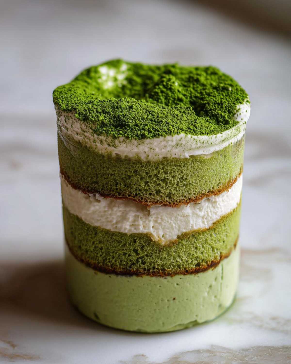 Close-up of a single serving Matcha Tiramisu Cups layered with green cake, white cream, and dusted with matcha powder.