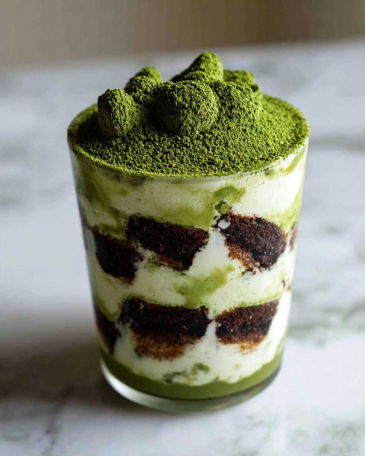 A close-up of a single serving Matcha Tiramisu Cups layered with cream, dark cake/ladyfingers, and heavily dusted with bright green matcha powder.