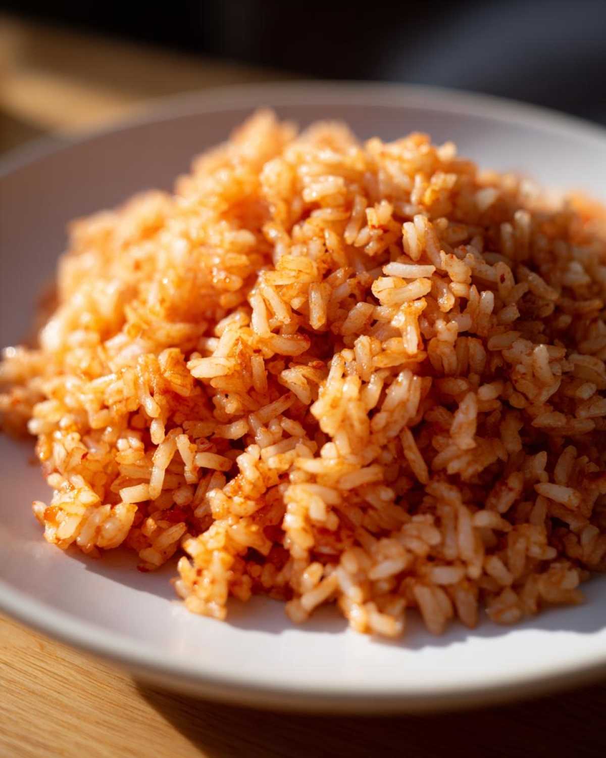 A close-up of fluffy, orange-hued Mexican Rice with Roasted Garlic served on a white plate.