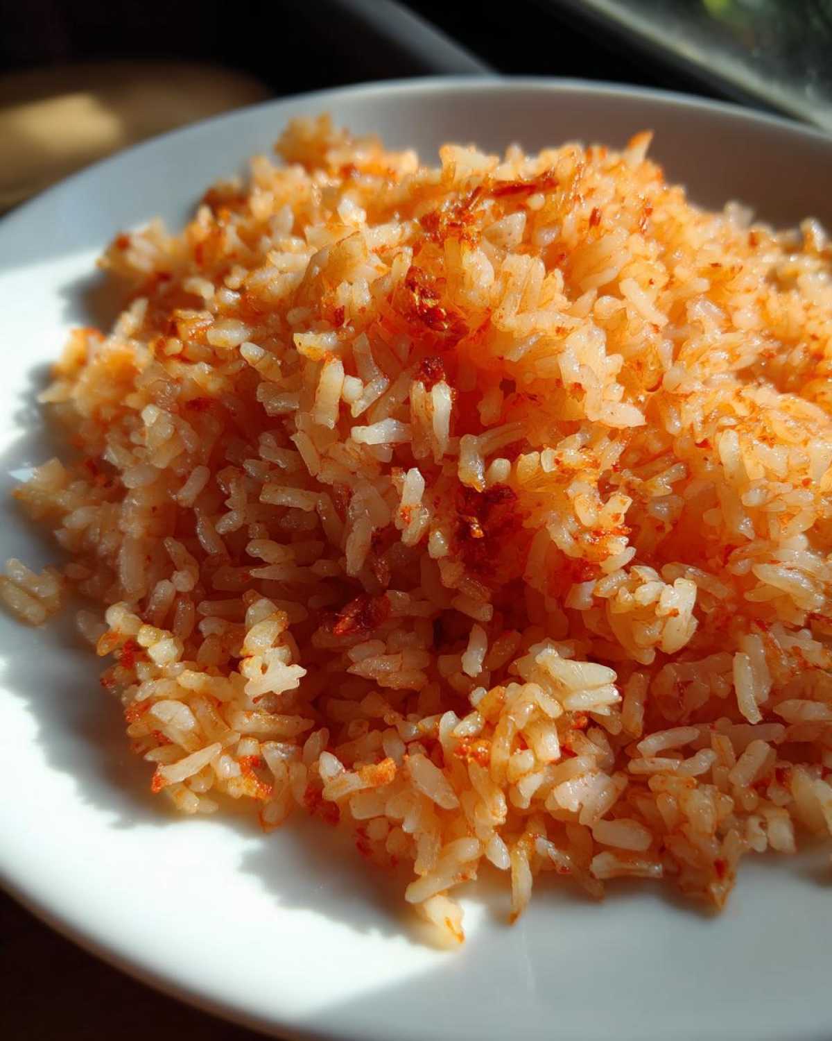 Close-up of fluffy Mexican rice with roasted garlic flavor served on a white plate, catching bright sunlight.
