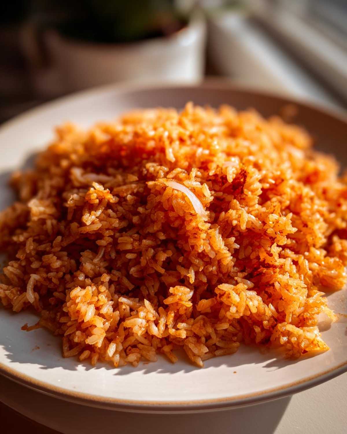 Close-up of fluffy, orange-red Mexican Rice with Roasted Garlic served on a light-colored plate.