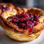 A golden-brown Mini Dutch Baby Pancake filled generously with glistening, dark red berry compote.