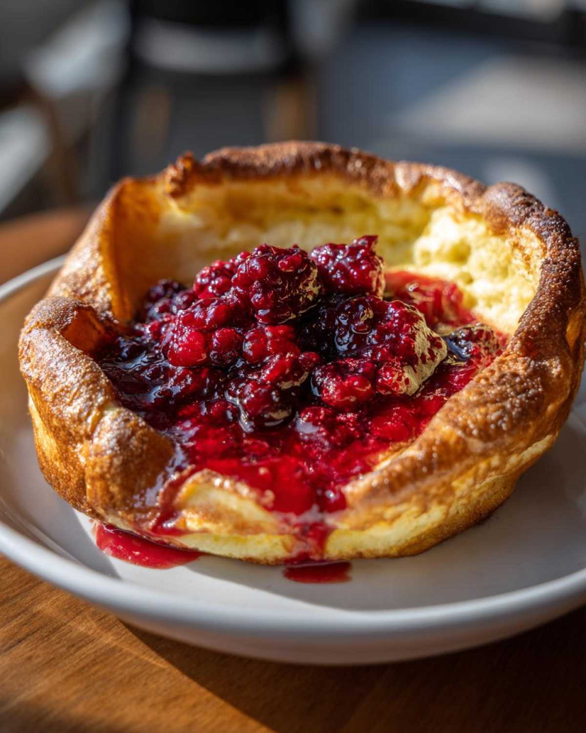 A single, golden-brown Mini Dutch Baby Pancakes filled with rich, dark berry compote.