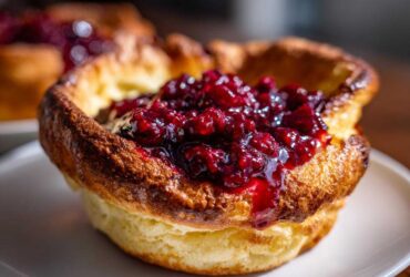 A golden-brown Mini Dutch Baby Pancake filled generously with glistening, dark red berry compote.