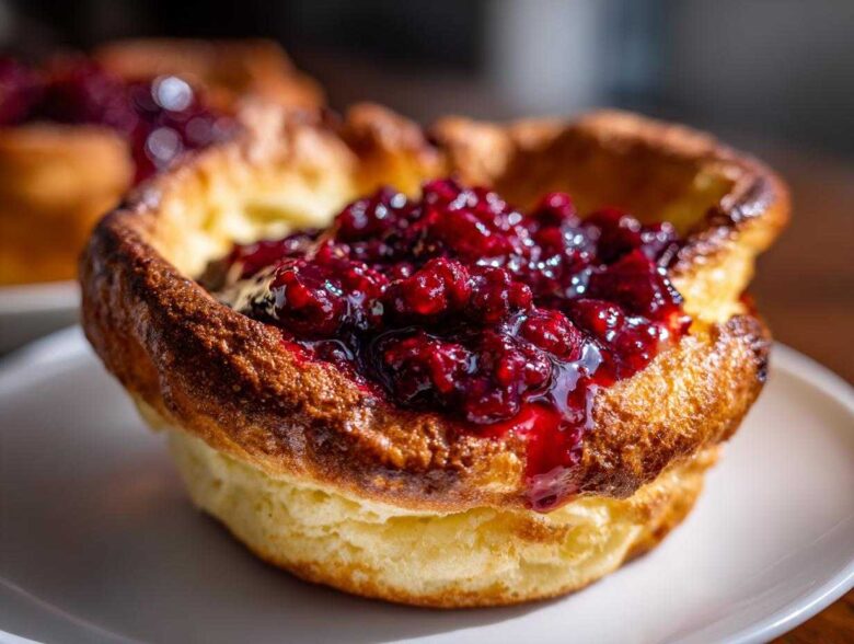 A golden-brown Mini Dutch Baby Pancake filled generously with glistening, dark red berry compote.
