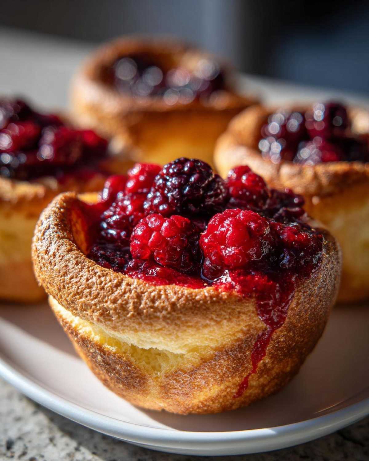 A close-up of one of the Mini Dutch Baby Pancakes filled generously with bright red berry compote.