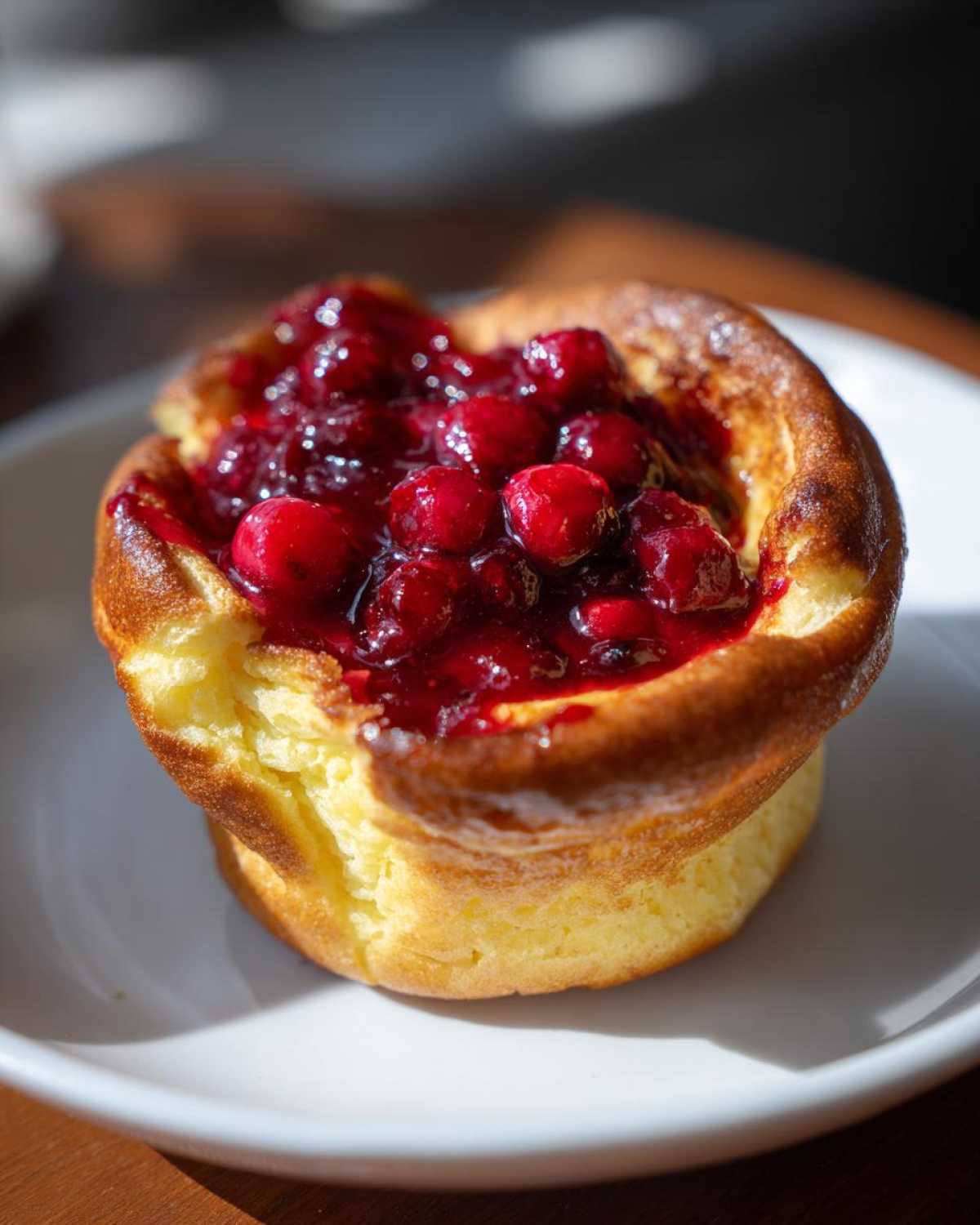 A single, puffed Mini Dutch Baby Pancake topped generously with bright red berry compote.