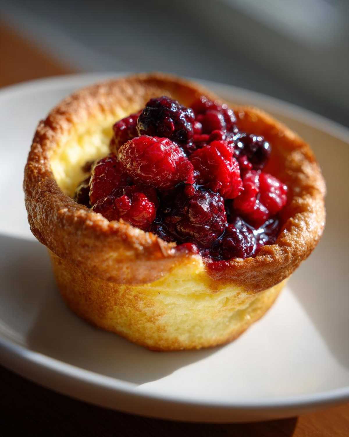 Close-up of a golden brown Mini Dutch Baby Pancake topped generously with mixed red and dark berry compote.