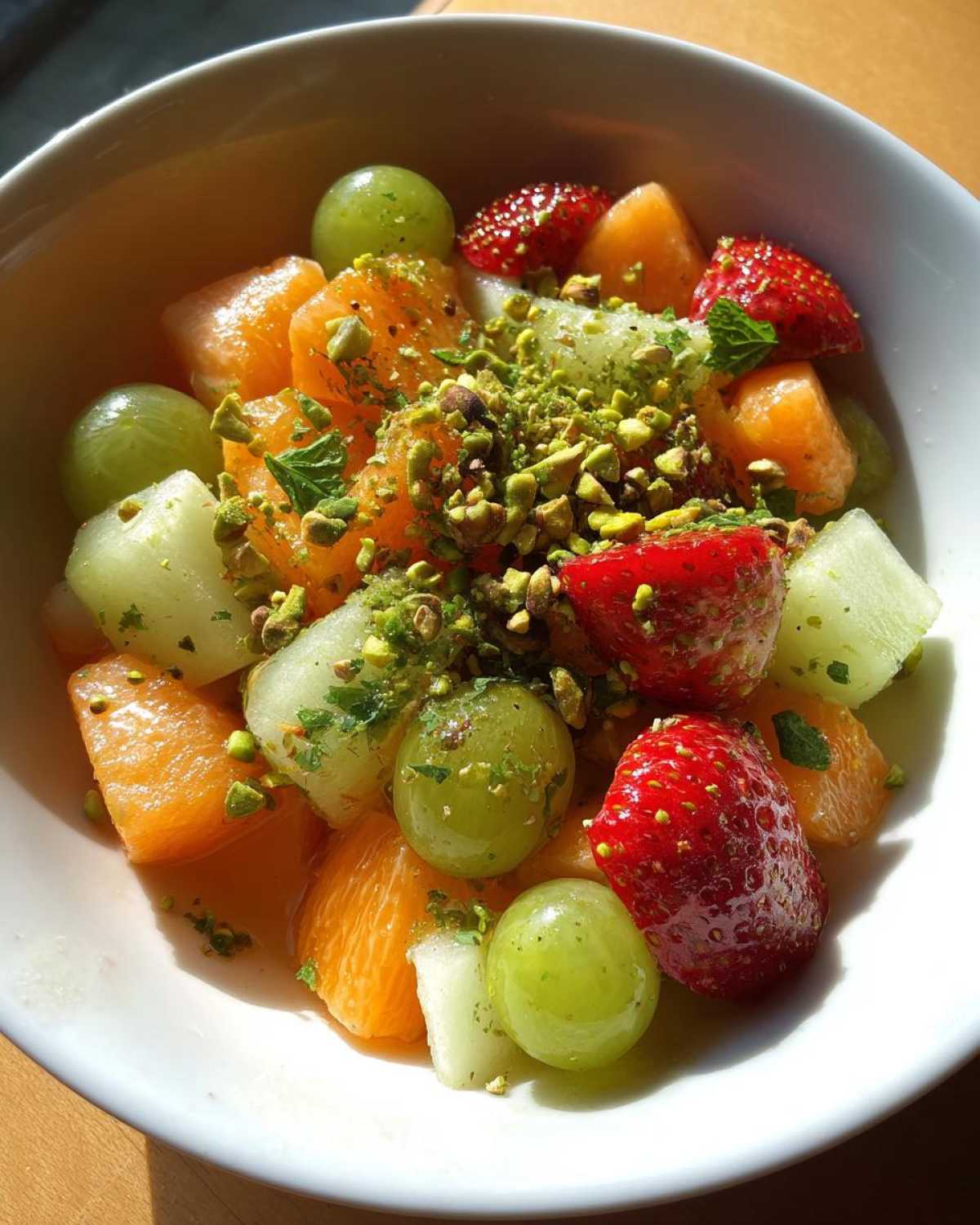 Close-up of a vibrant Orange Blossom Fruit Salad featuring strawberries, grapes, melon, and a pistachio topping.