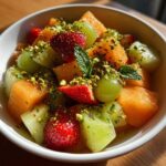 Close-up of a bowl of Orange Blossom Fruit Salad featuring cantaloupe, honeydew, strawberries, grapes, and crushed pistachios.