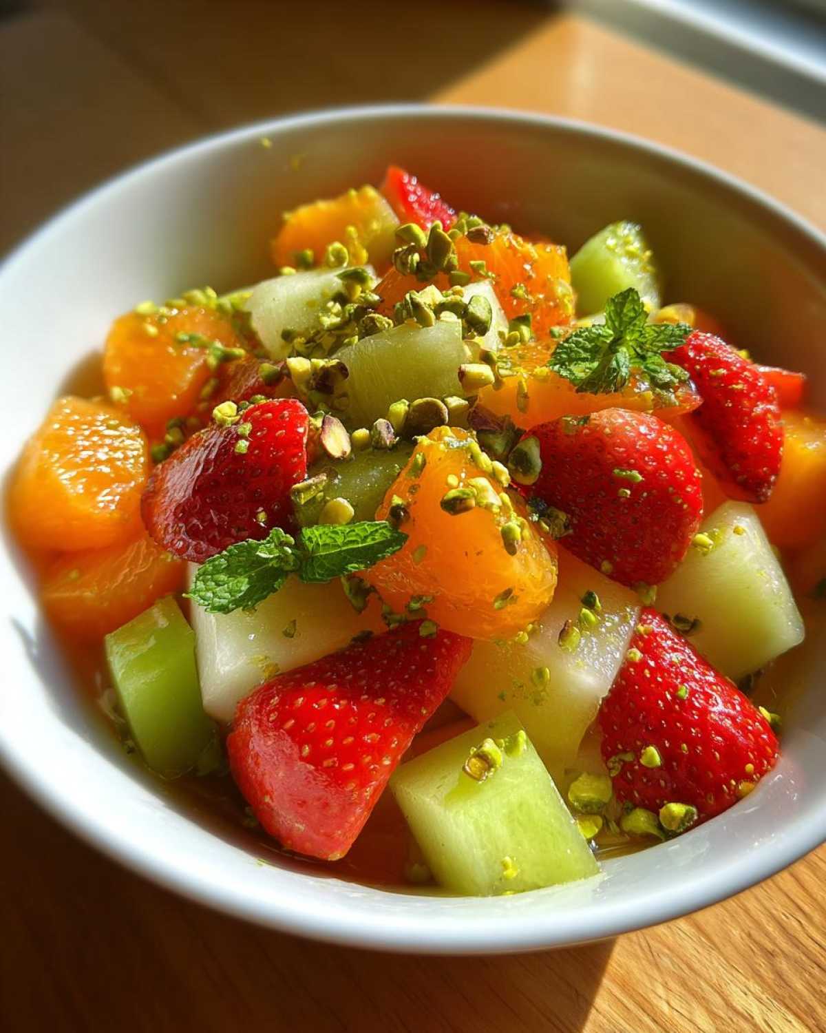 Close-up of a vibrant Orange Blossom Fruit Salad featuring strawberries, oranges, melon, and chopped pistachios.