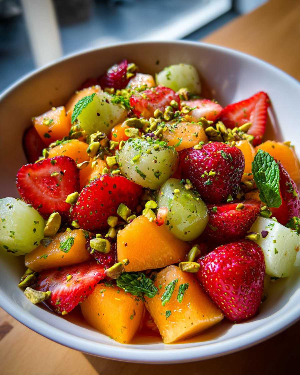 Close-up of a vibrant Orange Blossom Fruit Salad featuring strawberries, cantaloupe, grapes, and chopped pistachios.