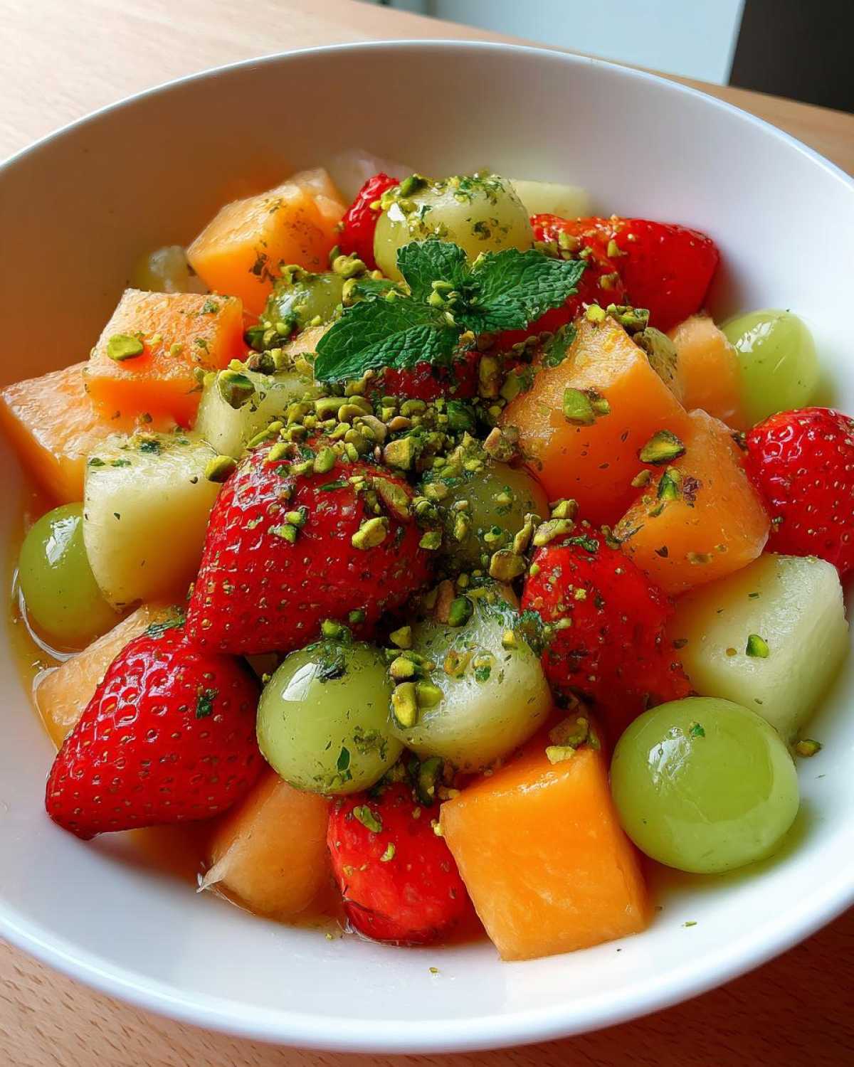 Close-up of a fresh Orange Blossom Fruit Salad featuring strawberries, melon, grapes, and crushed pistachios.