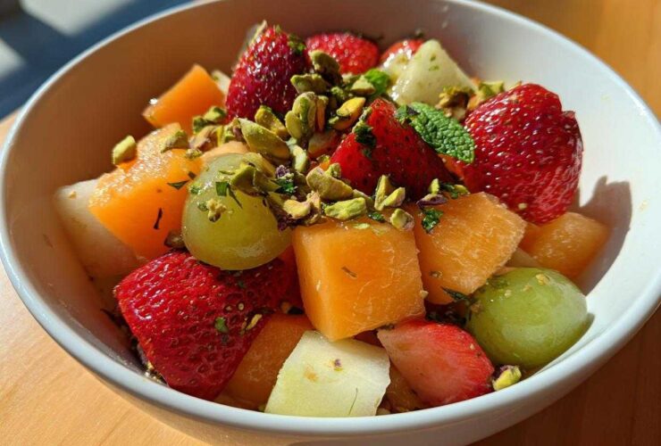 Close-up of a white bowl filled with Orange Blossom Fruit Salad featuring strawberries, cantaloupe, grapes, and chopped pistachios.