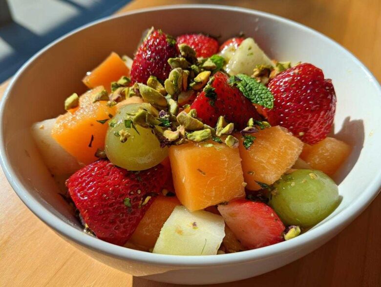 Close-up of a white bowl filled with Orange Blossom Fruit Salad featuring strawberries, cantaloupe, grapes, and chopped pistachios.