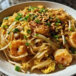 Close-up of a delicious plate of Pad Thai with Tamarind Sauce, featuring shrimp, scrambled egg, and crushed peanuts.