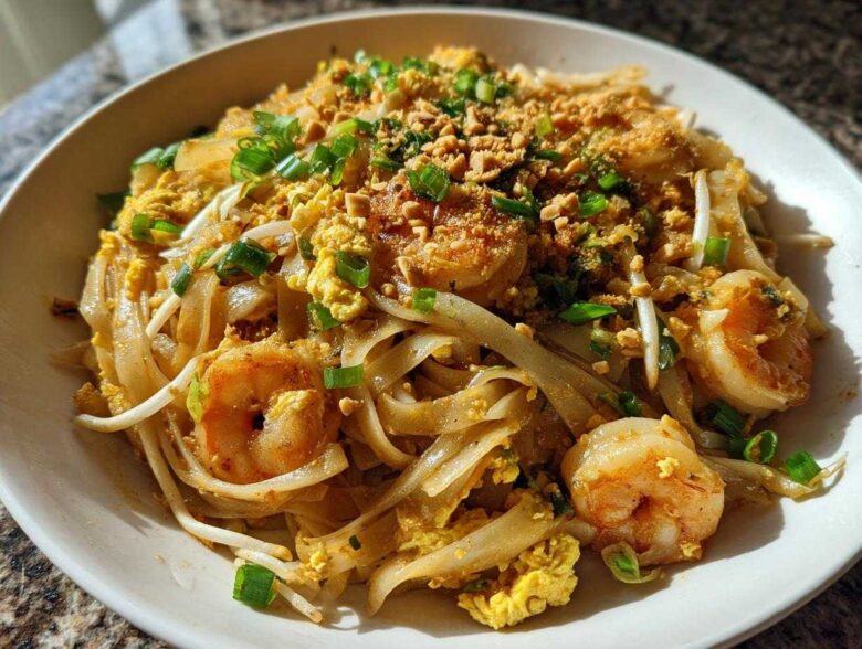 Close-up of a delicious plate of Pad Thai with Tamarind Sauce, featuring shrimp, scrambled egg, and crushed peanuts.