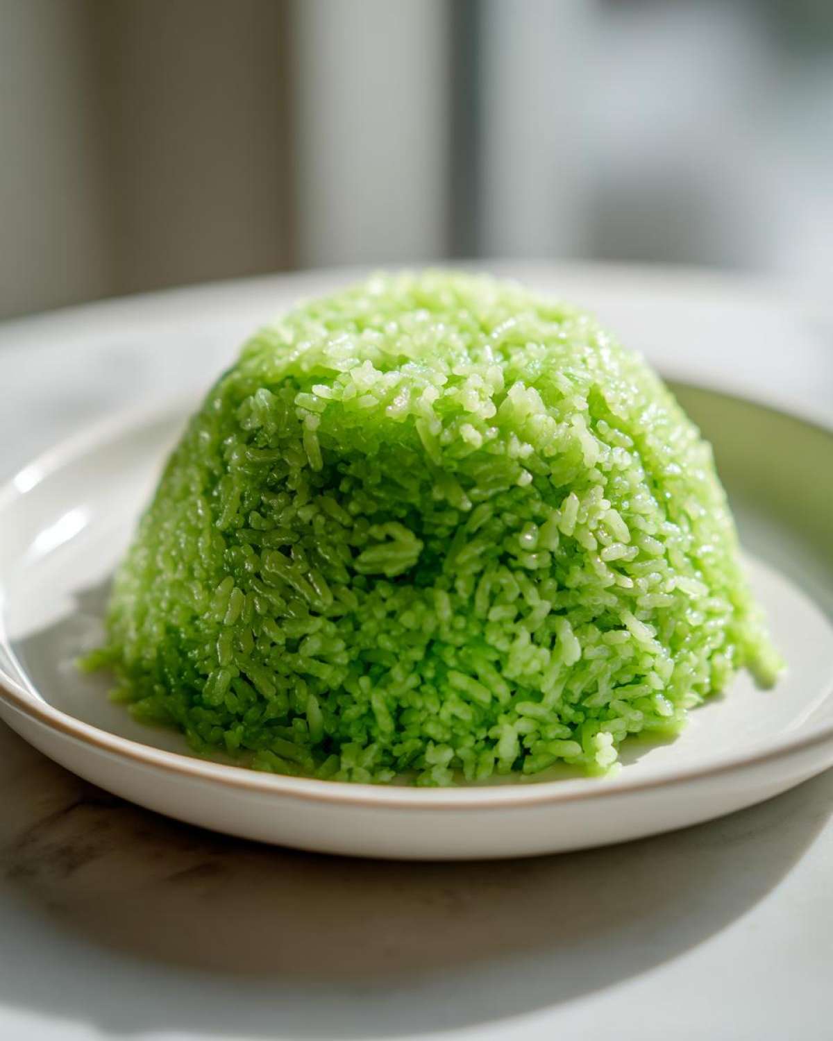 A perfectly molded mound of bright green Pandan Coconut Rice served on a white plate.