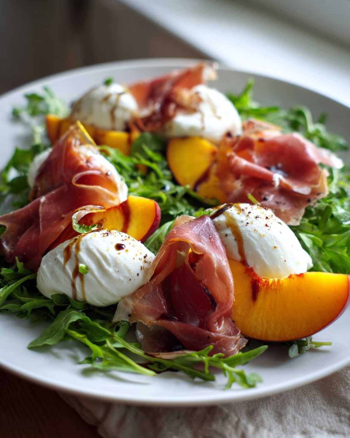 A vibrant close-up of a Peach Burrata Prosciutto Salad featuring fresh peaches, creamy burrata, and prosciutto over arugula.