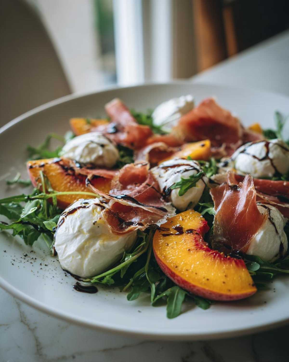 Close-up of a vibrant Peach Burrata Prosciutto Salad featuring fresh peaches, burrata cheese, prosciutto, and arugula drizzled with balsamic glaze.