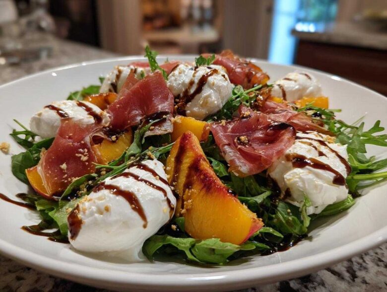 A vibrant Peach Burrata Prosciutto Salad featuring fresh burrata, prosciutto slices, peach wedges, and arugula drizzled with balsamic glaze.