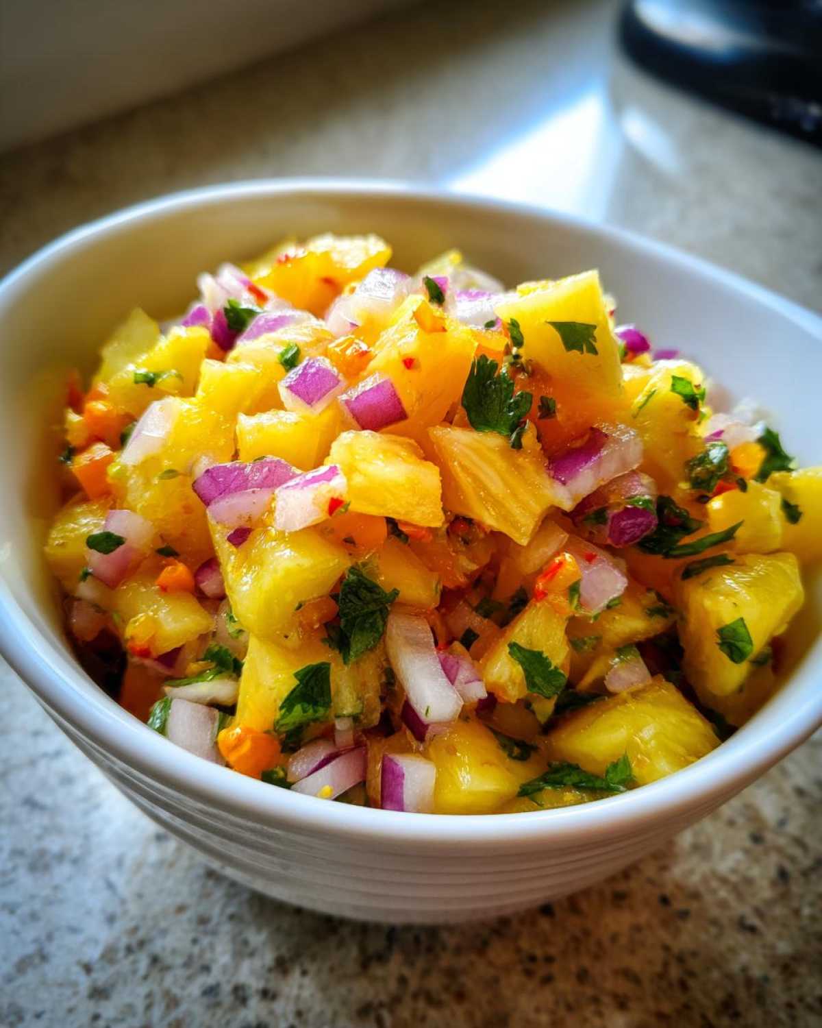 Close-up of vibrant Pineapple Habanero Salsa featuring chunks of pineapple, red onion, and cilantro in a white bowl.